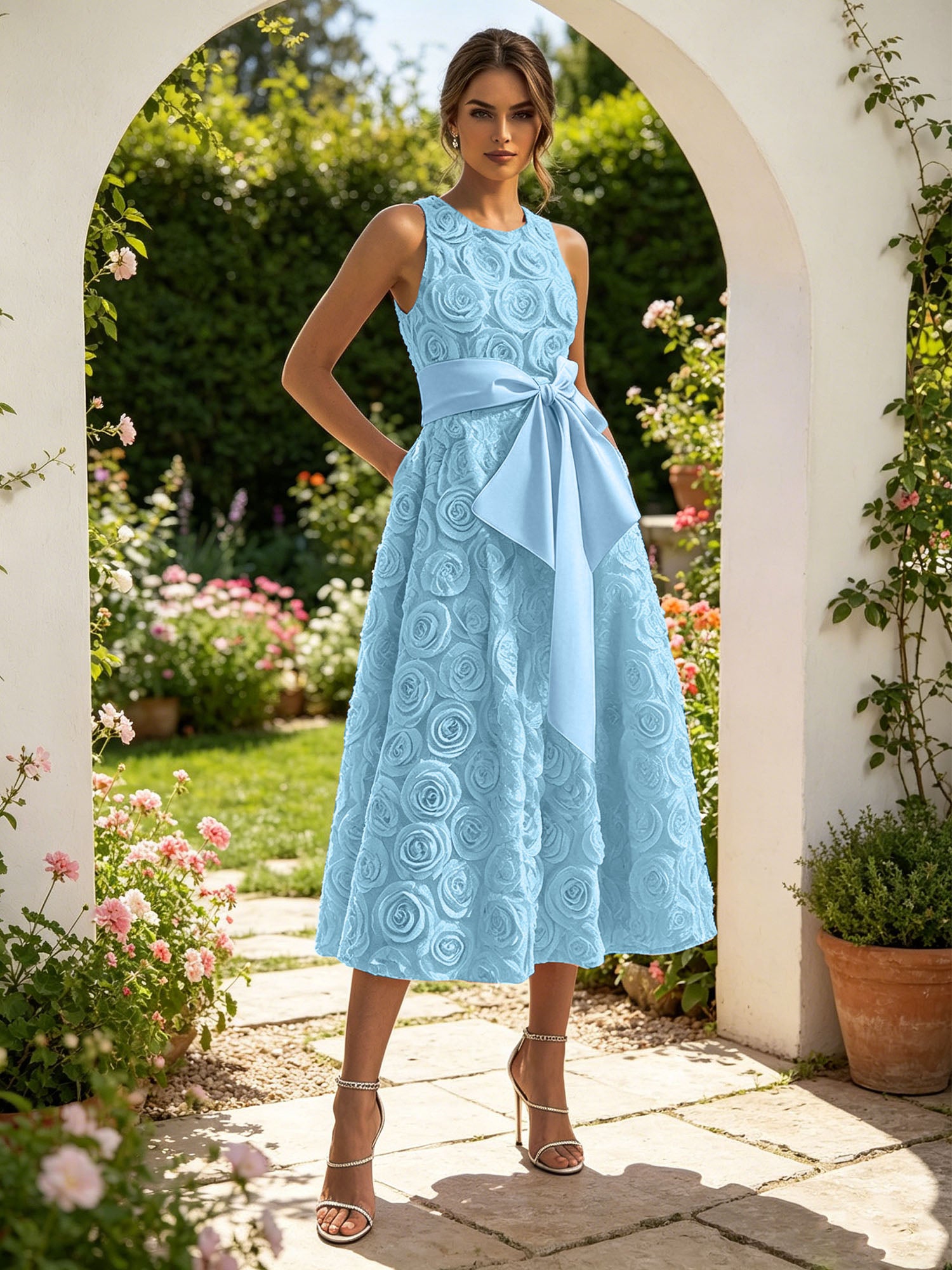 Pink 3D Floral Bow Crew Neck A-Line Midi Dress