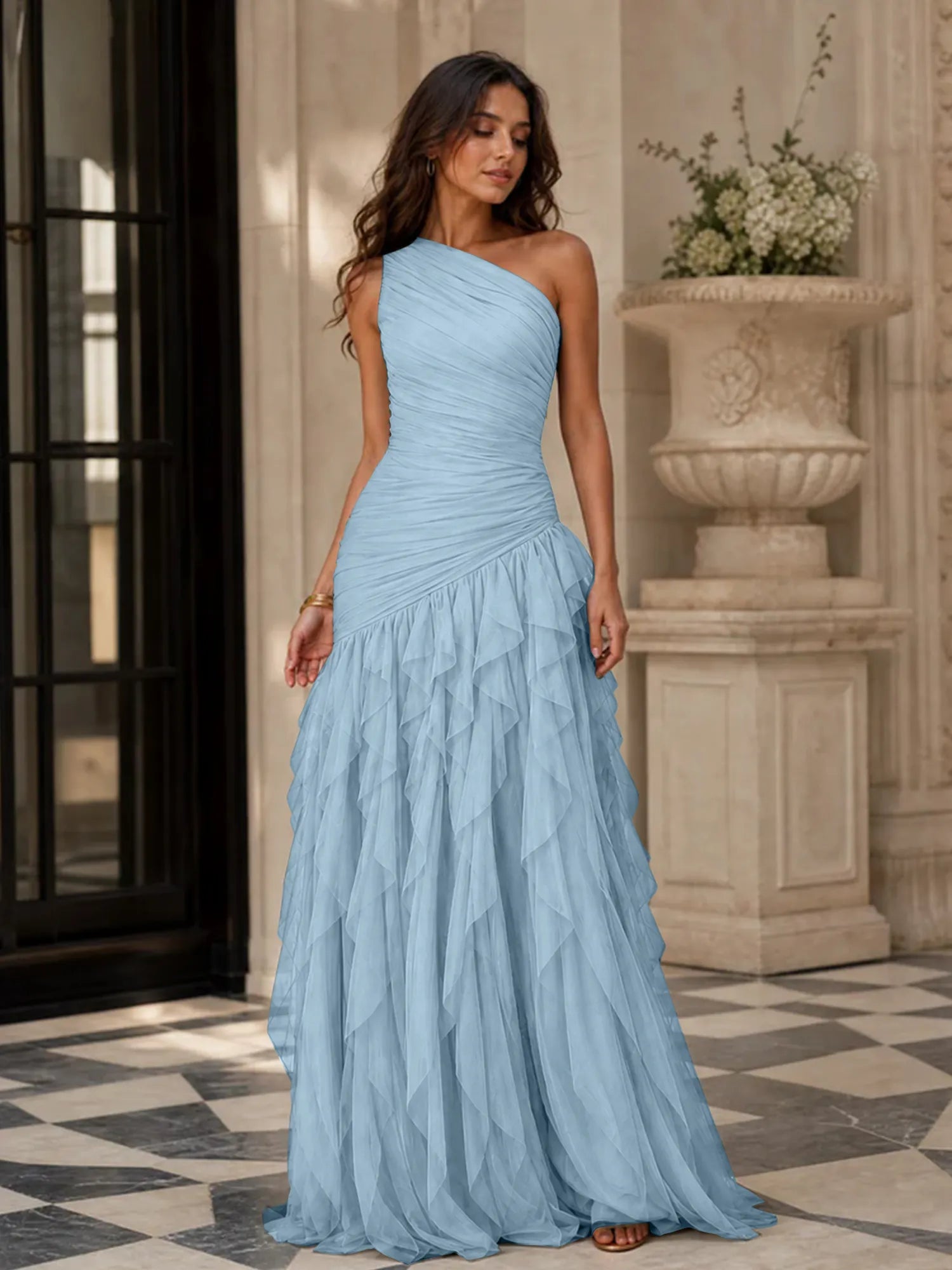 Emerald Green One-Shoulder Ruched Asymmetric Ruffle Chiffon Floor-Length Gown Dress