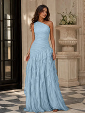 Emerald Green One-Shoulder Ruched Asymmetric Ruffle Chiffon Floor-Length Gown Dress