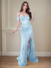 Red Off-the-Shoulder Beaded Tulle Long Prom Dress with Swirling Sequins