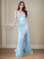 Red Off-the-Shoulder Beaded Tulle Long Prom Dress with Swirling Sequins