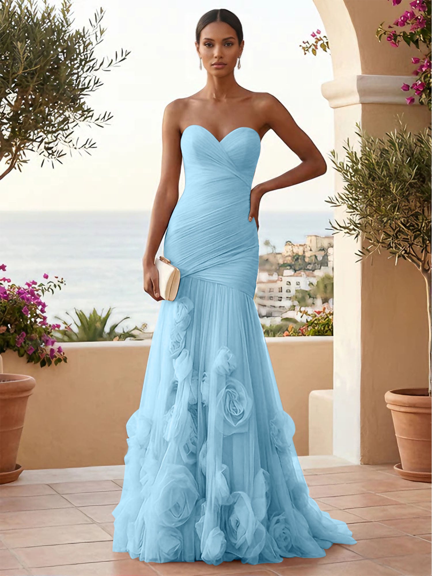 Sweetheart Tulle Pleat Mermaid Evening Dresses with 3D Flower