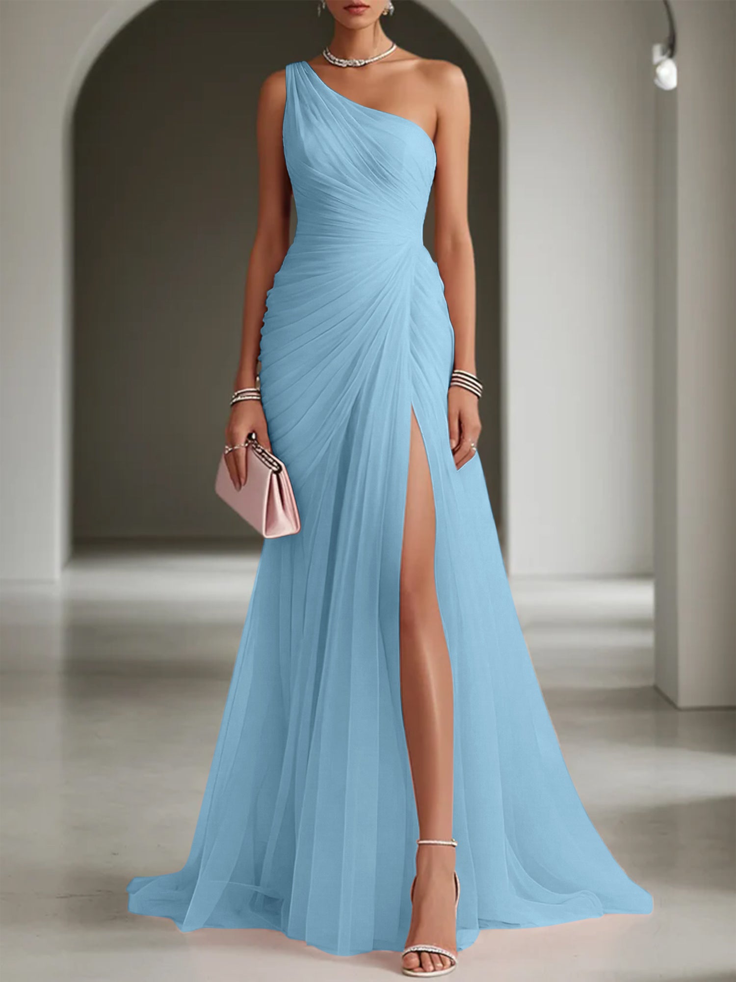 Pink Ruched Slit Tulle Strapless One Shoulder Sheath Gown Dress