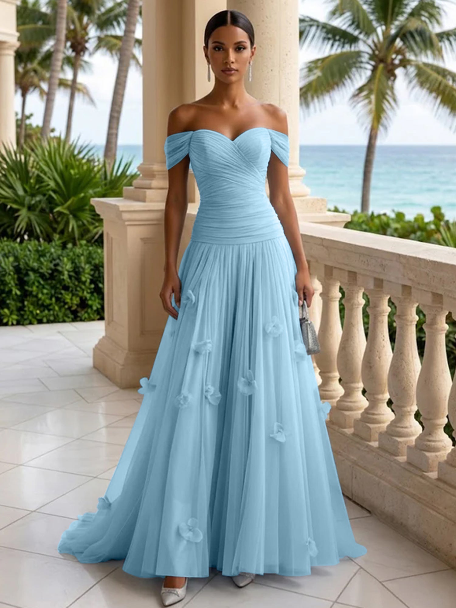 Light Blue Evening Dress with 3D Flower Off The Shoulder Pleat Maxi Dress