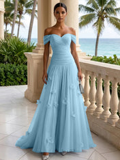 Light Blue Evening Dress with 3D Flower Off The Shoulder Pleat Maxi Dress
