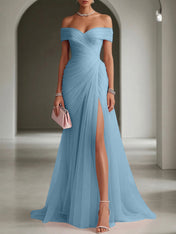 Blush Ruched Slit Tulle Off the Shoulder Sleeveless Sheath Gown Dress