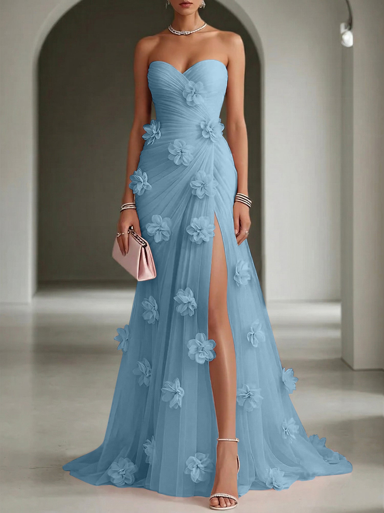 Ethereal Blush Slit 3D Floral Strapless Tulle Gown Dress