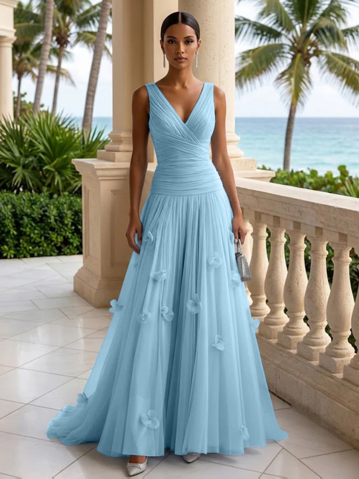 Light Blue Evening Dress with 3D Flower V Neck Pleat Maxi Dress