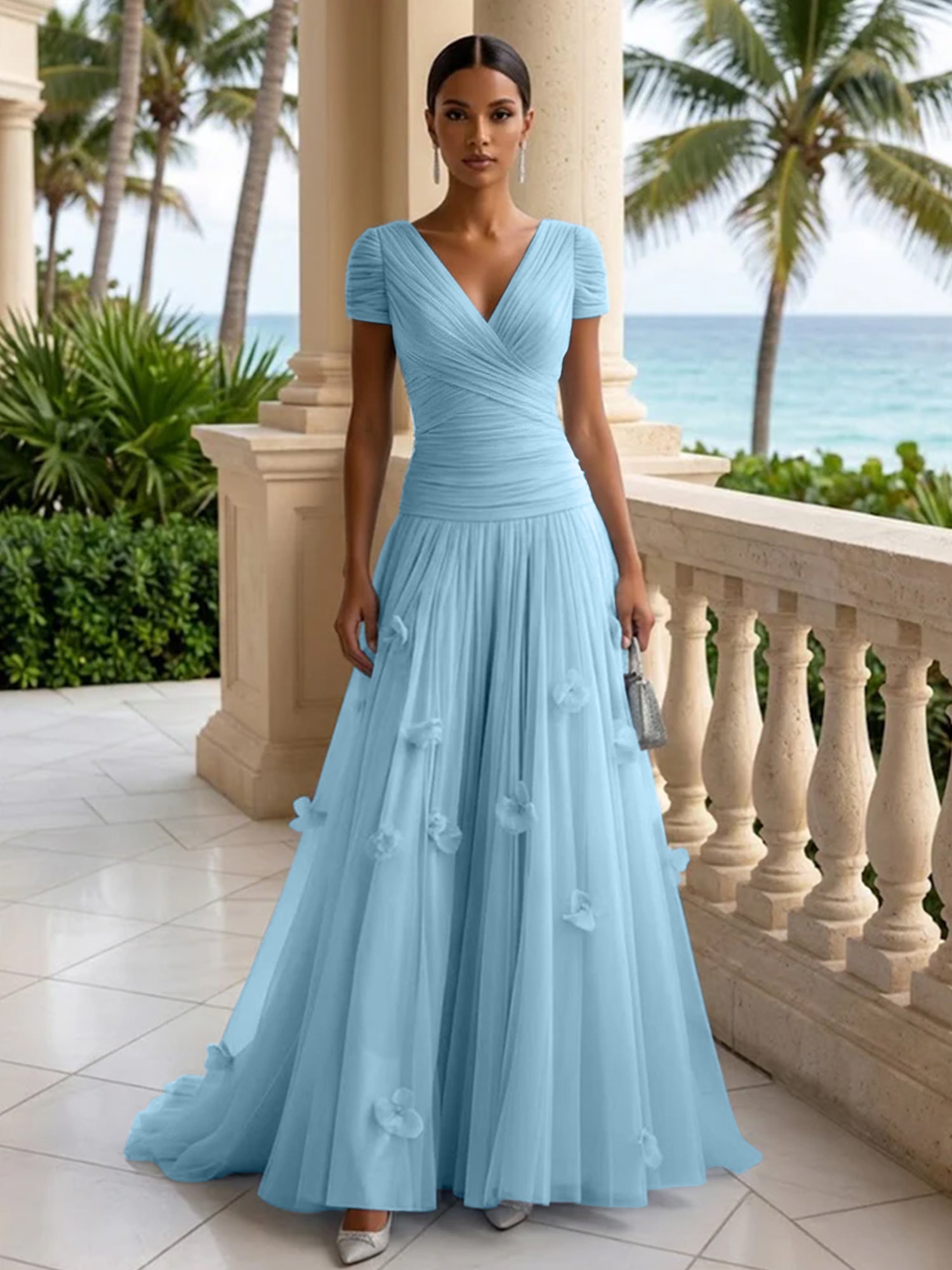 Light Blue Short-Sleeve Tulle Gown Evening Dress with 3D Flower V Neck Pleat Maxi Dress