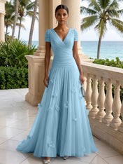 Light Blue Short-Sleeve Tulle Gown Evening Dress with 3D Flower V Neck Pleat Maxi Dress