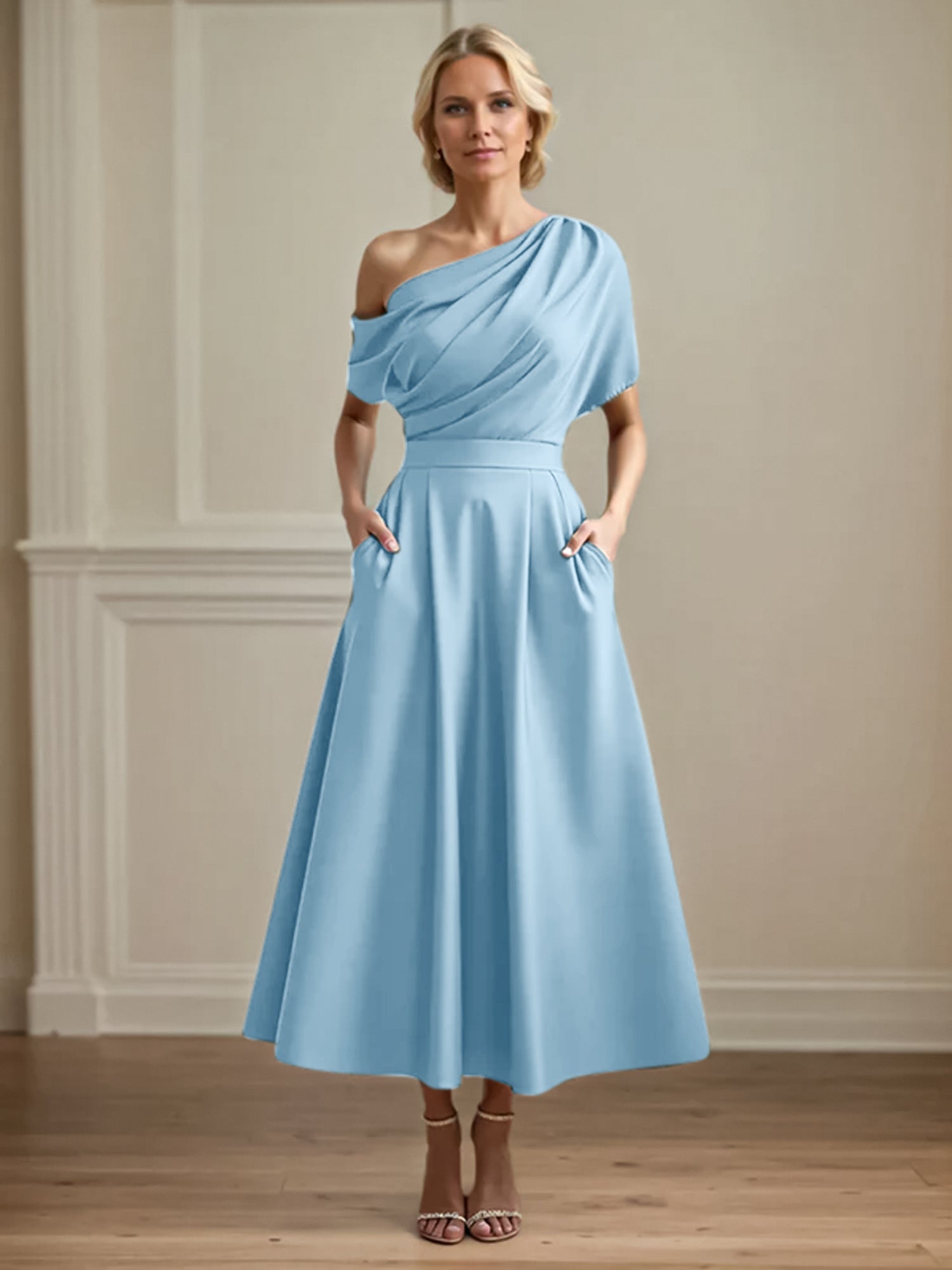 A Line Satin One Shoulder Pleated Ankle Length Mother of the Bride Dress