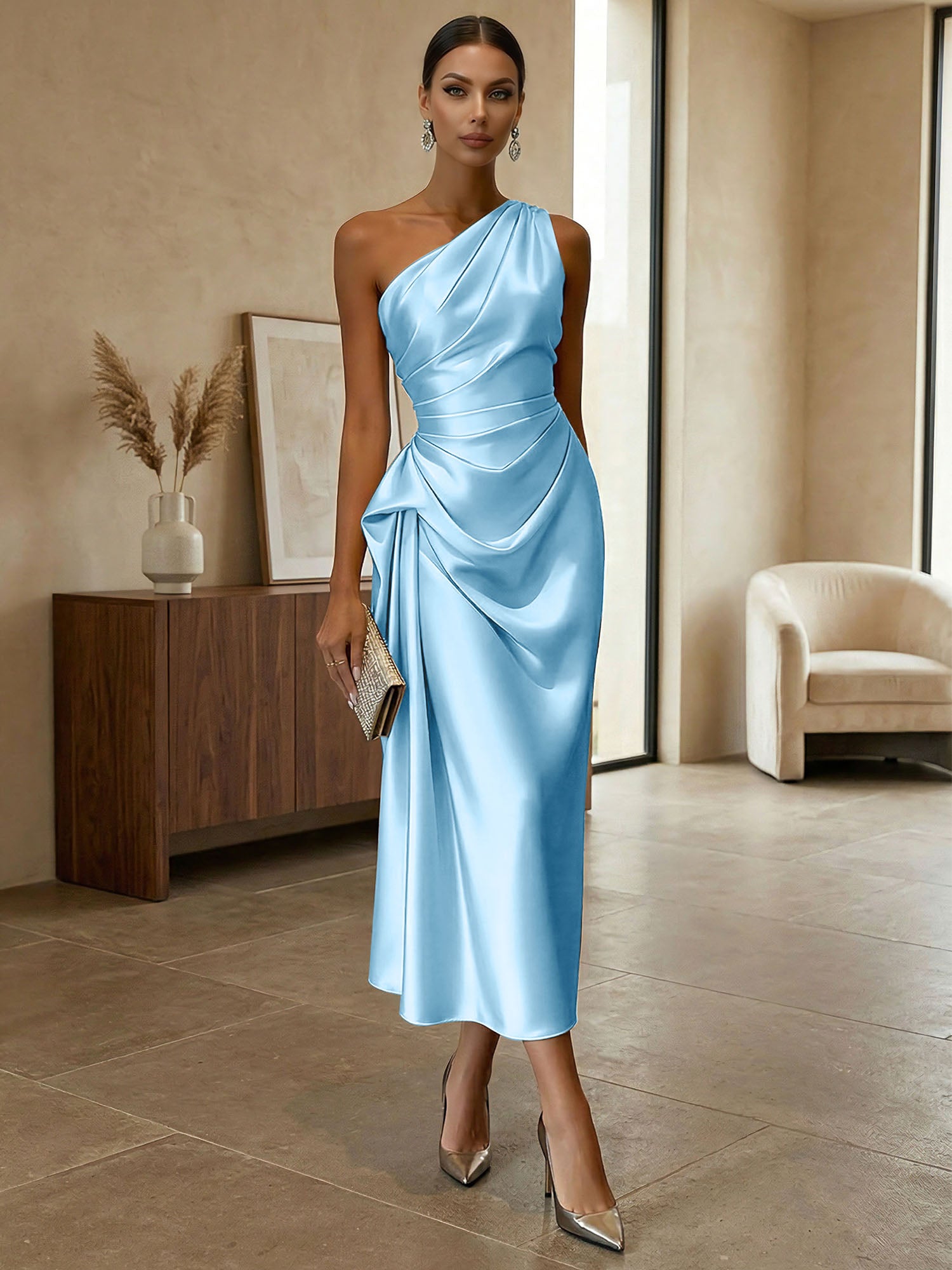 Champagne Ruched Satin One Shoulder Sleeveless Sheath Midi Dress
