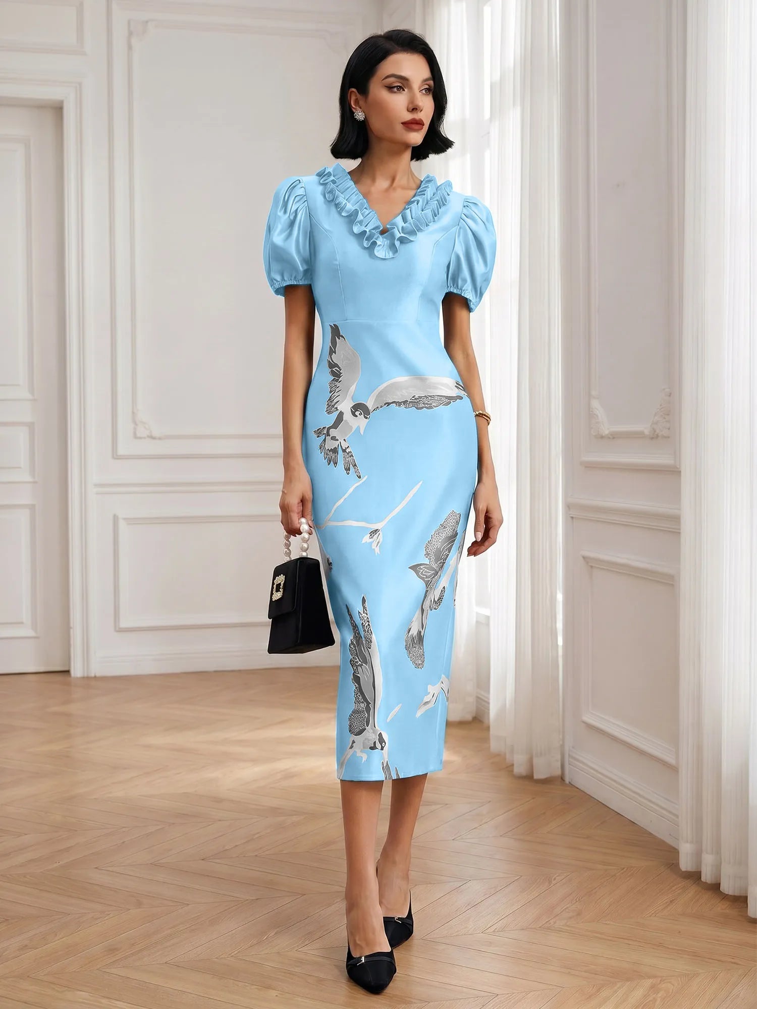 Black Folds V Neck Puff Sleeve Midi Sheath Dress