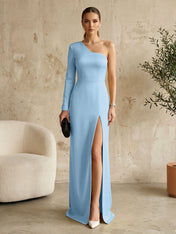 Long Sleeves Black One Shoulder Formal Dress Evening Gown