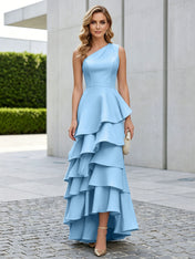 One Shoulder Tiered Ruffle Satin Mermaid Evening Gown with Sculptural Layers