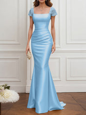 Mother of the Bride Dress Champagne Satin Square Neck Maxi Dress