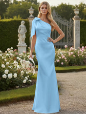 Light Blue One Shoulder Satin Sheath Long Bridesmaid Dresses