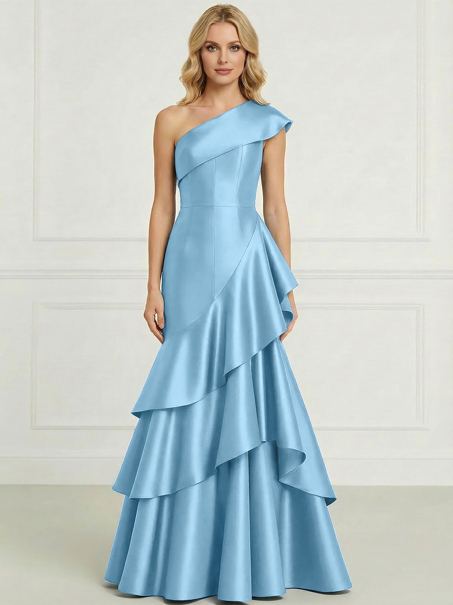 Formal Evening Dress Dark Blue One-Shoulder Satin Tiered Maxi Gown