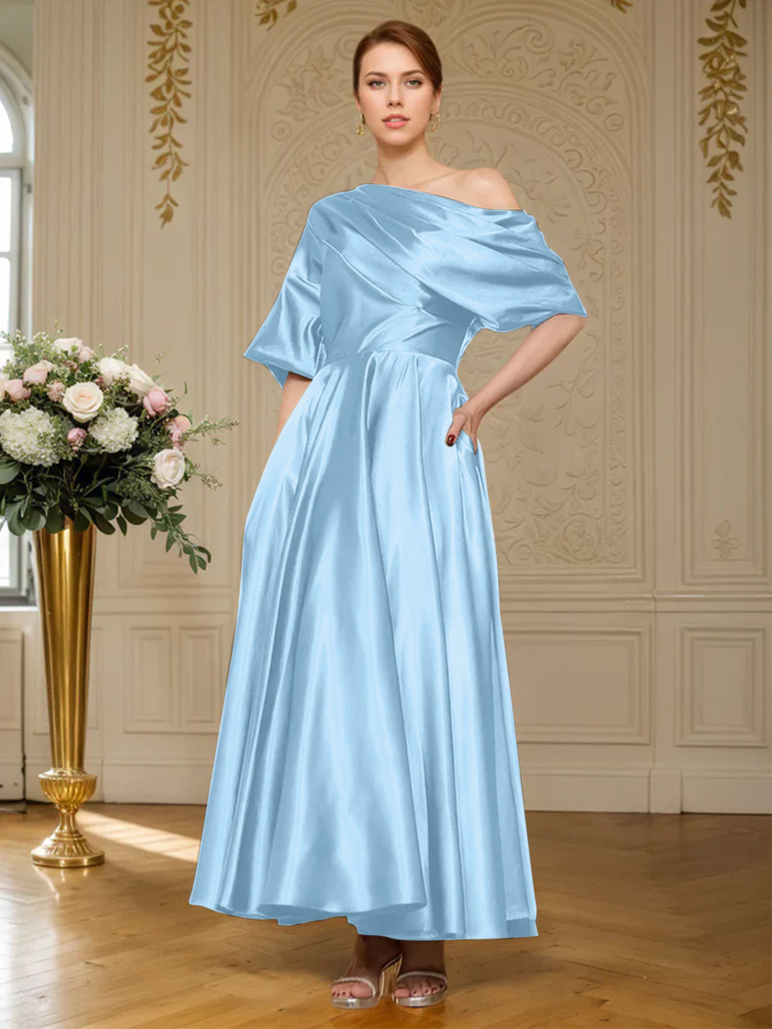 A-line Short Sleeves Pleated Ankle-Length Silk like Satin Mother of the Bride Dress