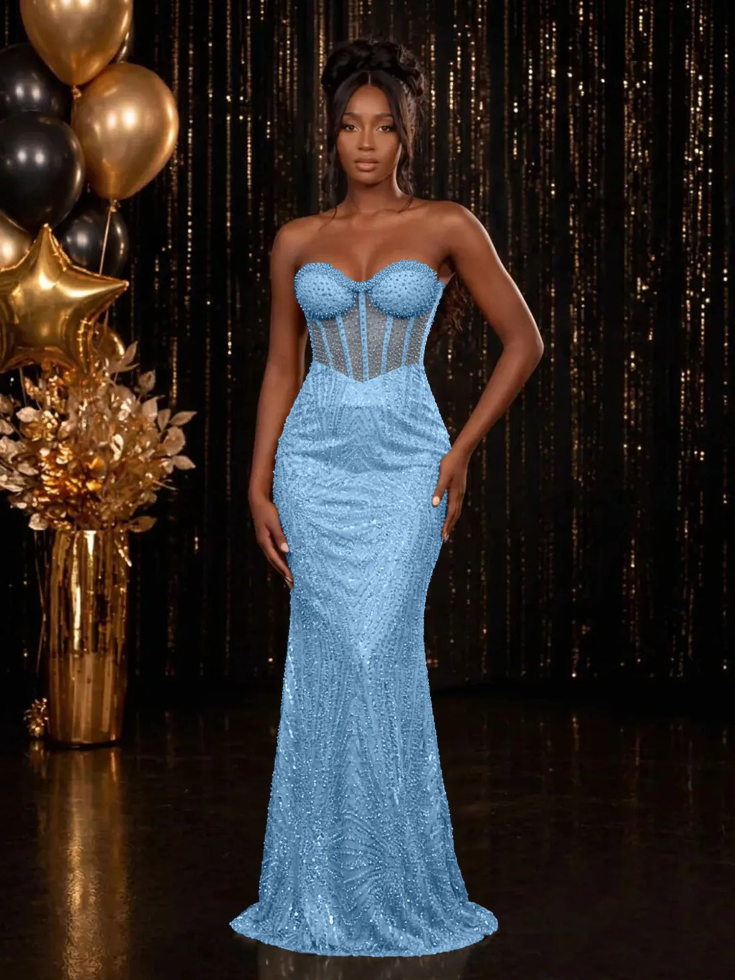 Strapless Sequin-Accented Mermaid Prom Dress with High Slit