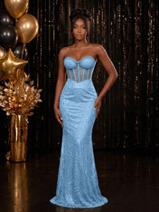 Strapless Sequin-Accented Mermaid Prom Dress with High Slit