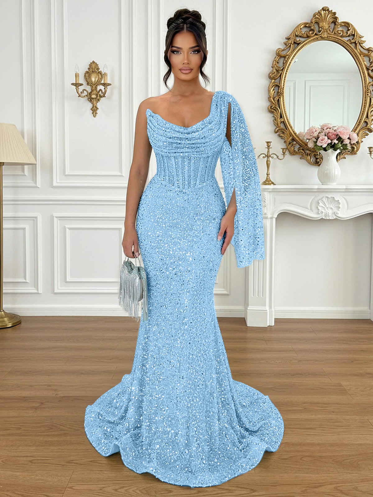 Glamorous Ice Blue One-Shoulder Sequin Corset Mermaid Prom Dresses