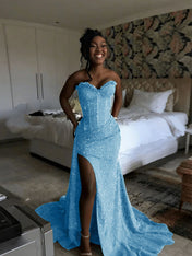 Glitter Strapless Mermaid Sequined Long Prom Dress with Slit