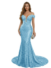 Sparkly Off The Shoulder Sequin Long Mermaid Corset Prom Dresses