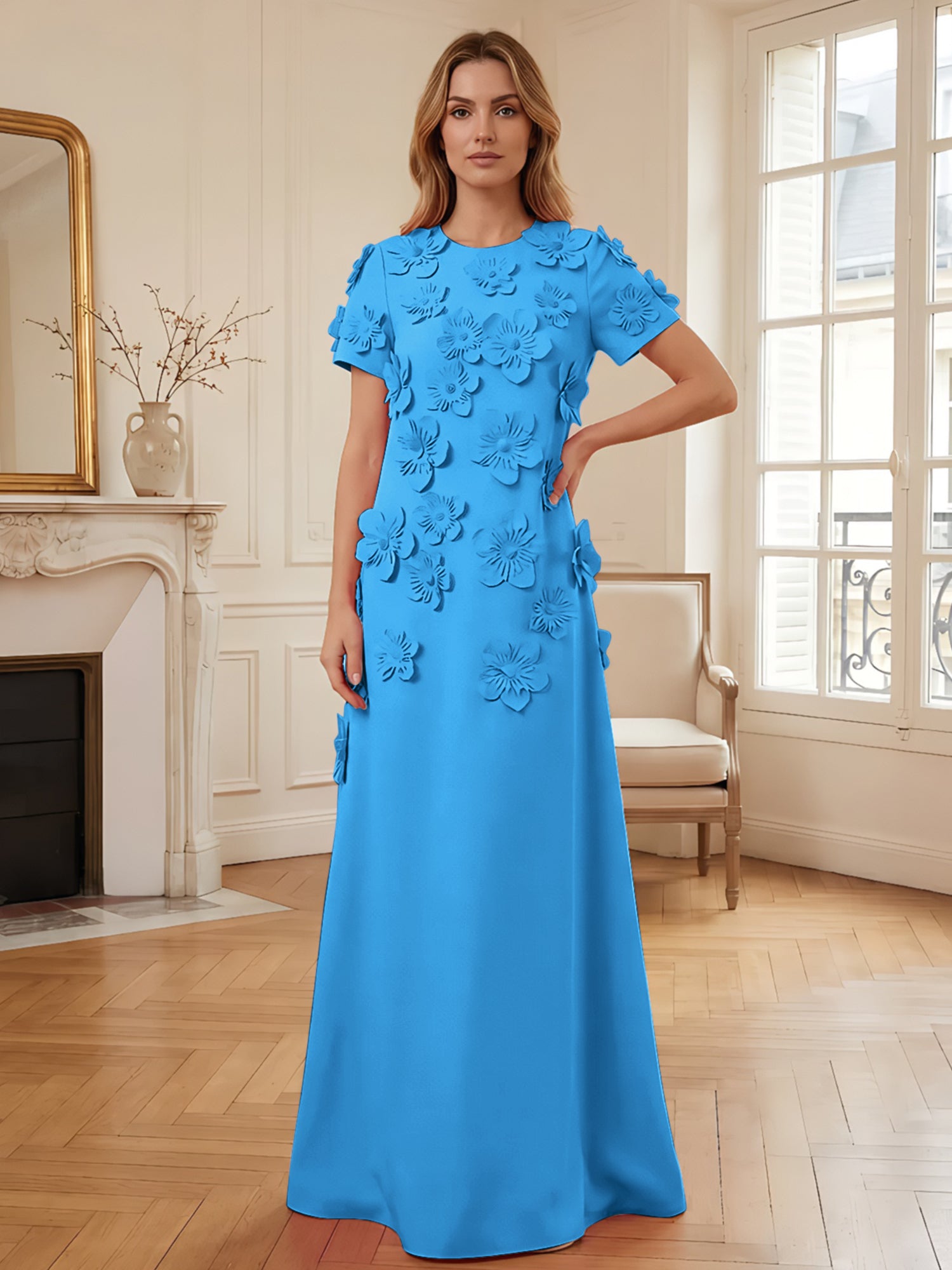 Short Sleeve Crew Neck A-Line Gown with 3D Floral Appliques Evening Dresses