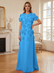 Short Sleeve Crew Neck A-Line Gown with 3D Floral Appliques Evening Dresses