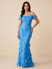 Black Off-the-Shoulder 3D Floral Mermaid Formal Gown Evening Dress