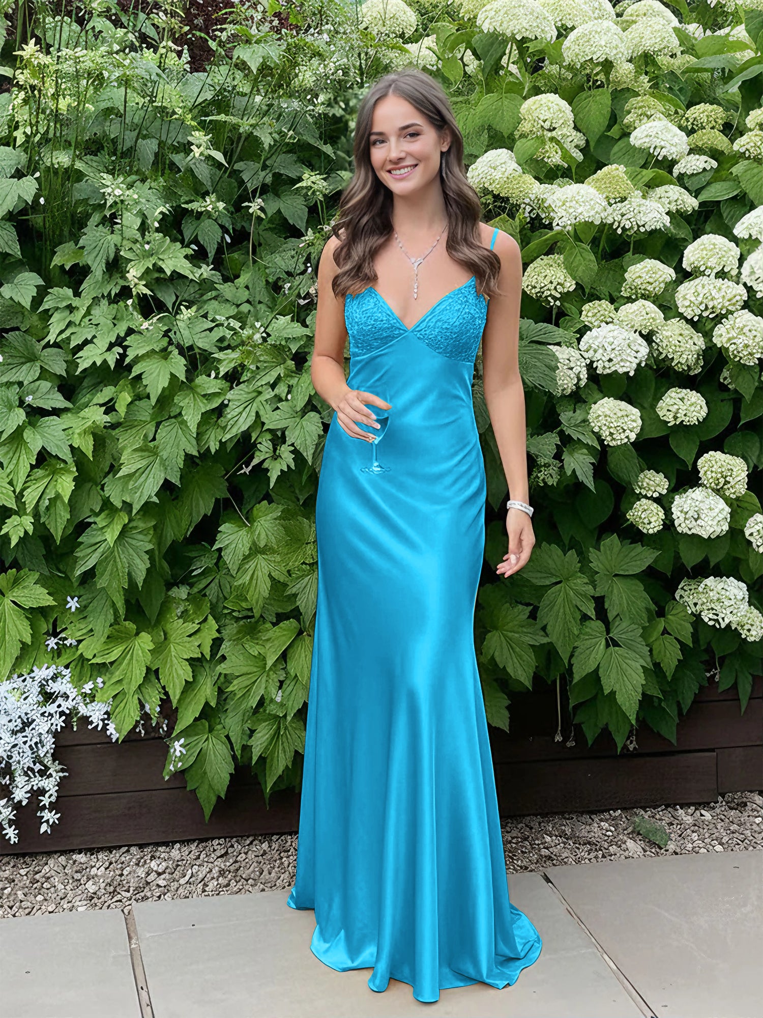 Blue A Line V-neck Beaded Back Tie Long Prom Dress