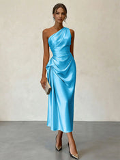 Champagne Ruched Satin One Shoulder Sleeveless Sheath Midi Dress