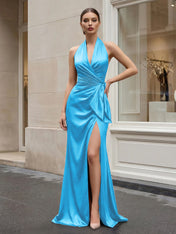 Navy Blue Halter V-Neck Satin Gown with Side Knot and High Slit Evening Dress