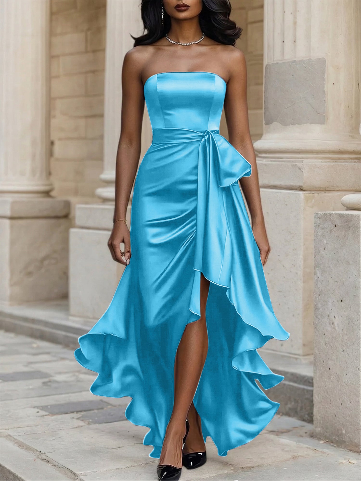Glamorous Formal Dress Midnight Navy Strapless Satin Gown Midi Dress