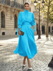 Sophisticated Emerald Green Satin High-Neck Midi Dress Gown