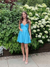 Blue A Line V-neck Beaded Back Tie Short Homecoming Mini Dress