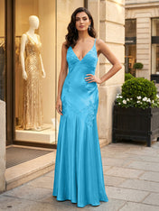 Green Appliques Soft Satin Long Prom Party Dress
