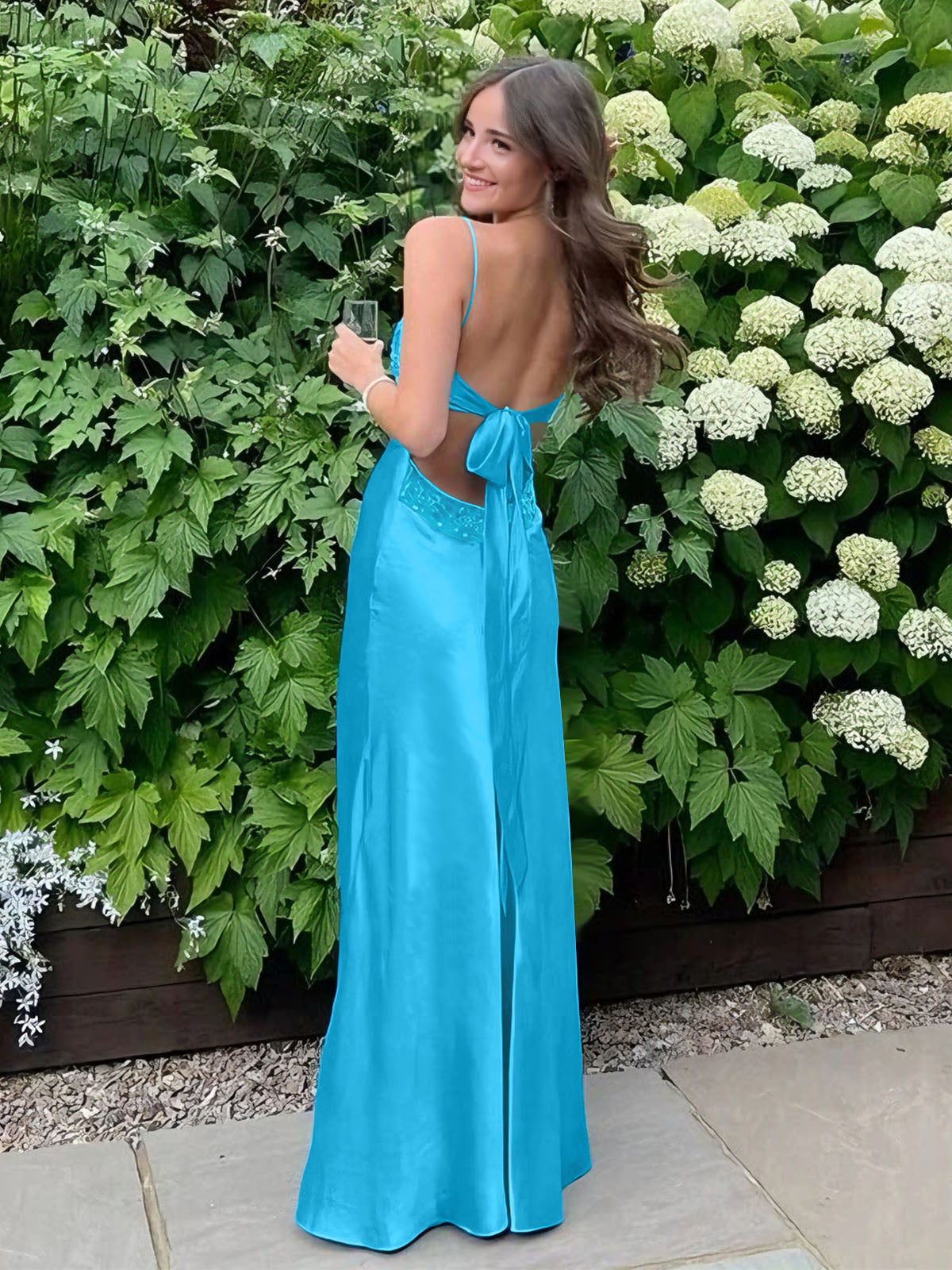 Blue A Line V-neck Beaded Back Tie Long Prom Dress