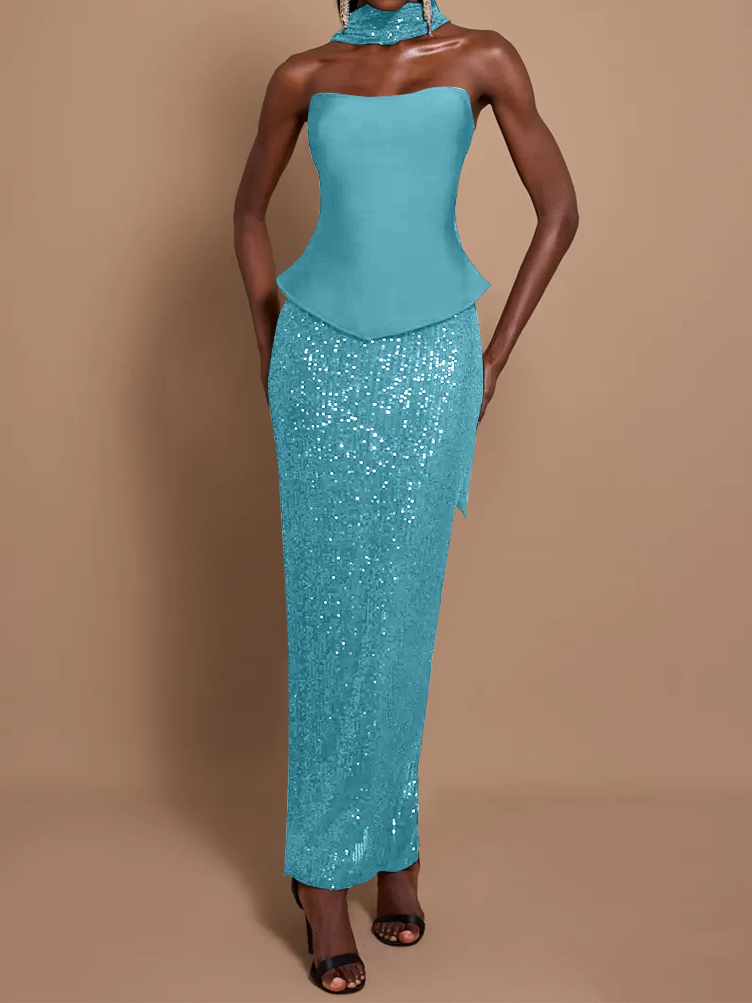 Off-Shoulder Bandage Top & Sequin Midi Skirt Set