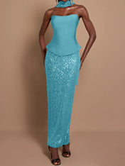 Off-Shoulder Bandage Top & Sequin Midi Skirt Set