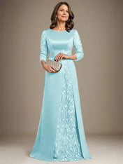 A-Line Scoop Floor-Length Lace Satin Mother Of the Bride Dress With Applique