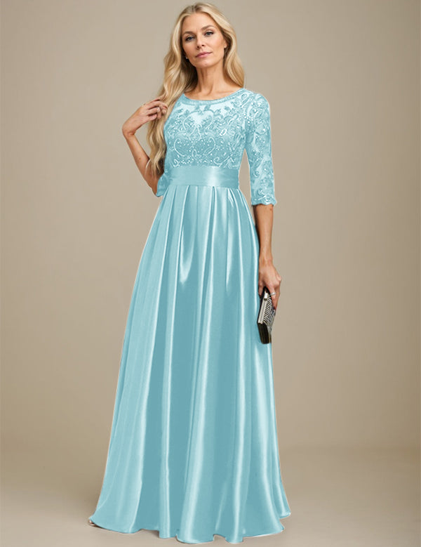 A-line Scoop Illusion Floor-Length Stretch Satin Lace Mother of the Bride Dress With Bow Sequins