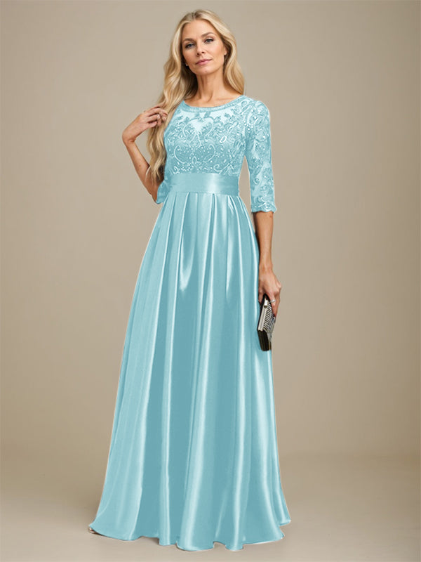 A-line Scoop Illusion Floor-Length Stretch Satin Lace Mother of the Bride Dress With Bow Sequins