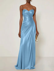Evening Formal Dress V Neck Silver Silk Ruffles Strapless Maxi Dress