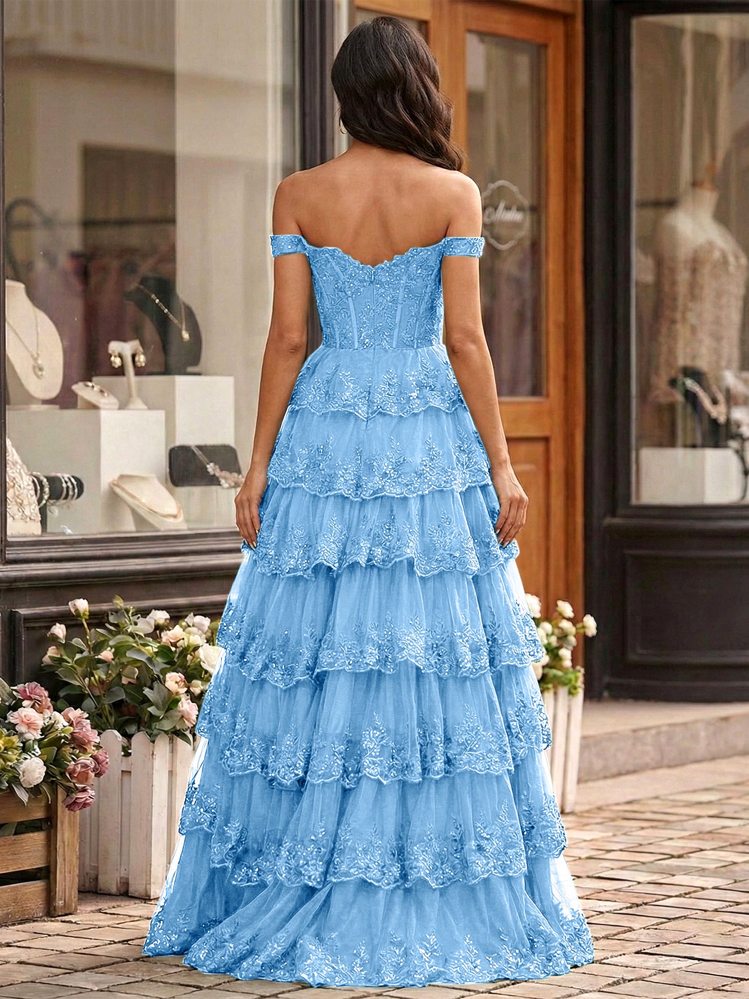 Emerald Green Lace Corset Tiered Ruffle Long Prom Dress with Slit