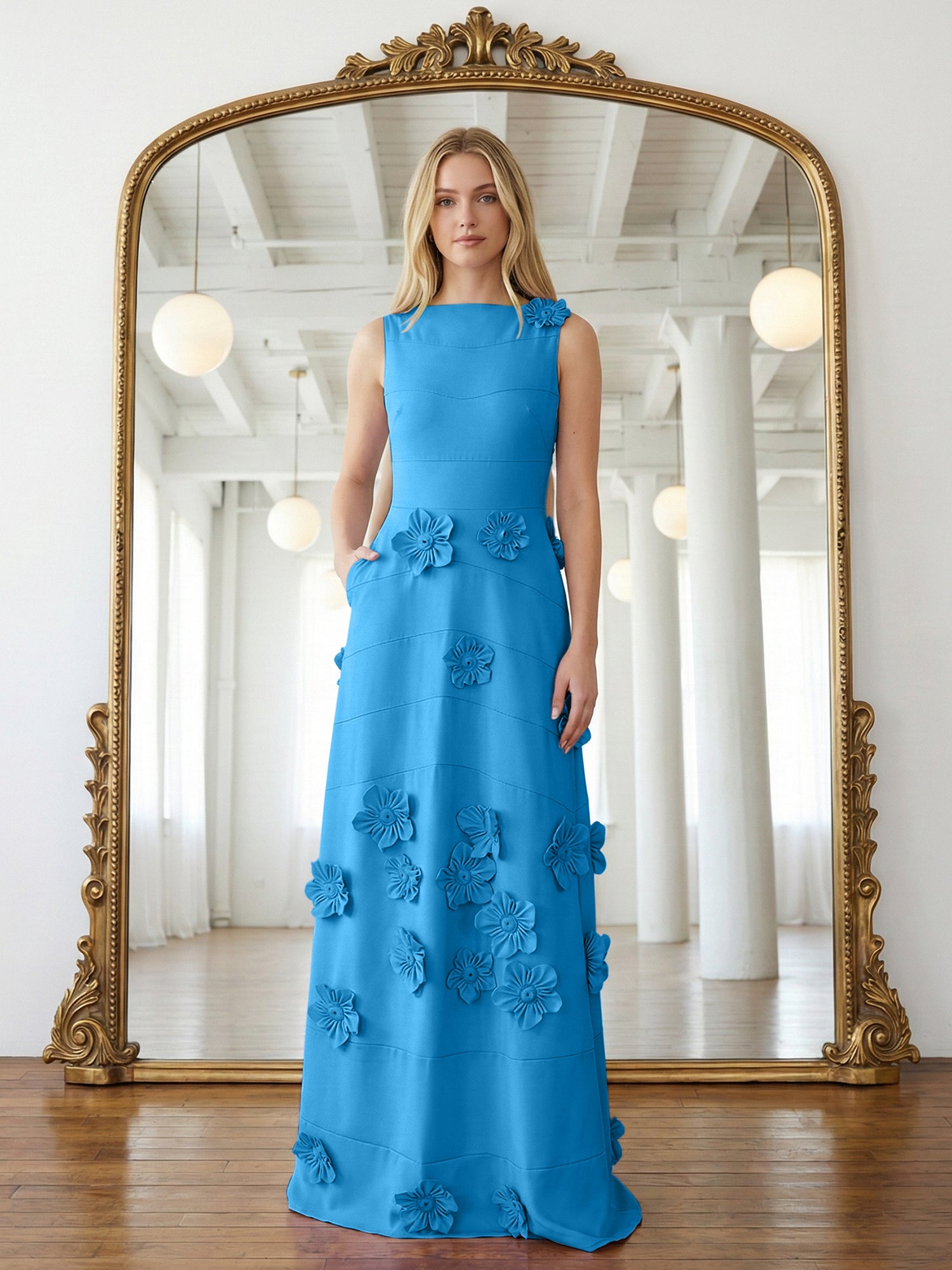 Lavender Boat Neck Formal Gown with Cascading 3D Flowers