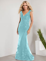 A-line V-Neck Floor-Length Lace Chiffon Mother of the Bride Dress With Applique Sequins Mermaid Dresses