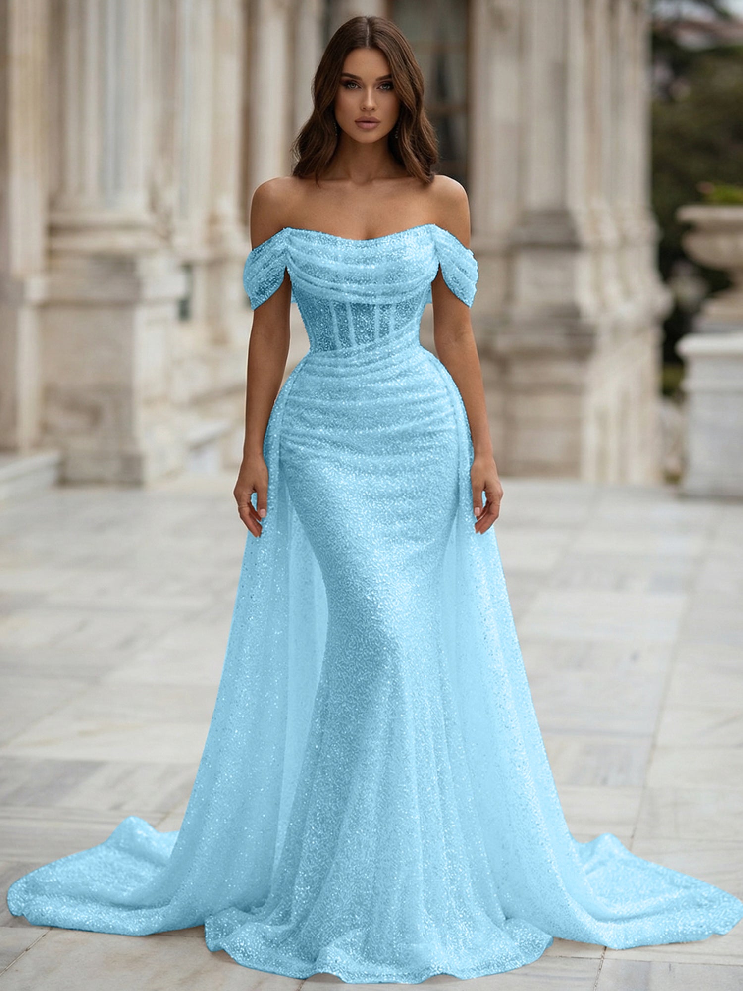 White Sequin Corset Mermaid Prom Dress with Overskirt