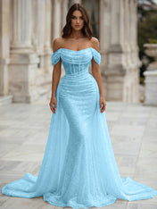 White Sequin Corset Mermaid Prom Dress with Overskirt